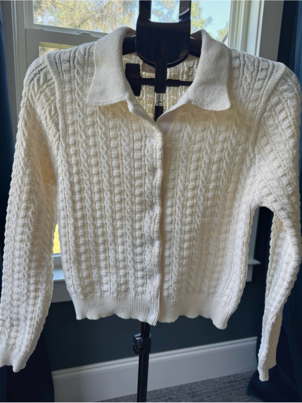 NWT Allie Rose Cozy Braided Knit Collared Button Up Cardigan Top Cream Medium